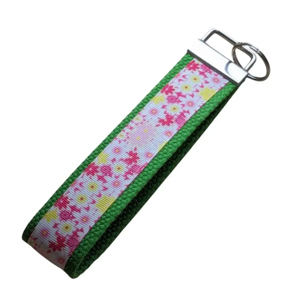 Floral Keychain Wristlet Handmade Boho Fabric Key FOB Sturdy‎ Daisy Flower Pink
